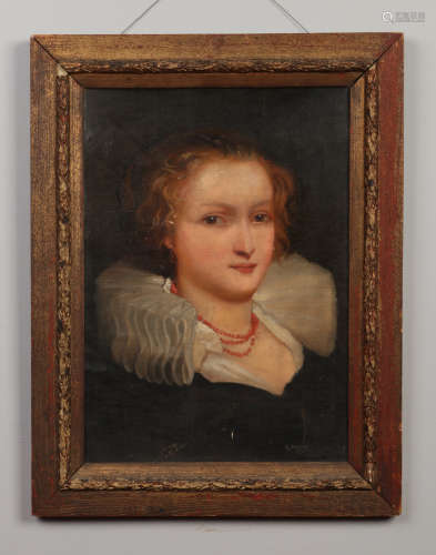 An early 20th century gilt framed oil on board. Portrait of a girl wearing a ruff and coral