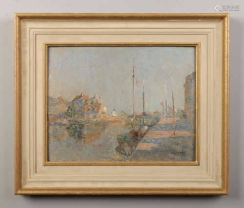 A 20th century French impressionist oil on artists board in parcel gilt frame. Harbour scene with