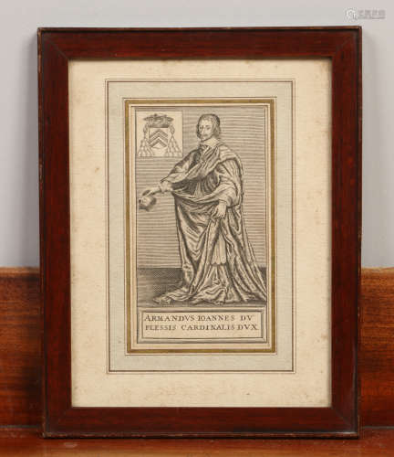 A pair of framed 17th century French portrait engravings with latin inscriptions, 14cm x 8.5cm.