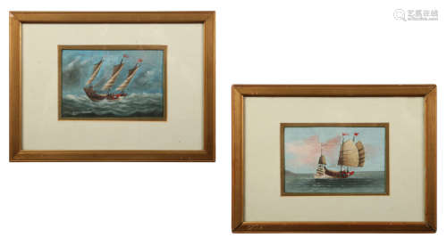 Two Chinese gouache tea trade pictures in gilt frames. Each depicting a three mast trading ship, 9.