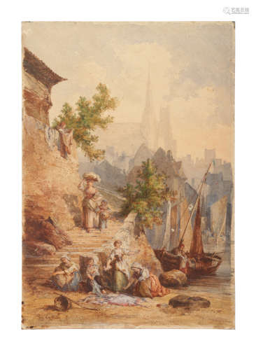 Augustus Constantin unframed watercolour. Townscape with figures by the waters edge. Signed, 51cm