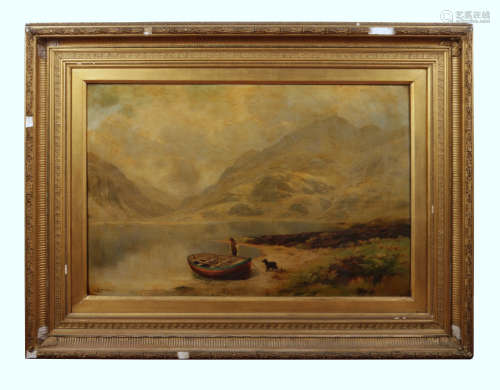 James Henry Crossland (1852-1939) large gilt framed oil on canvas. Extensive lake scene with a