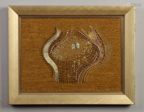 Two gilt framed gold thread hand embroidery panels. M. Taylor 'the Knot' c.1968 and Flora Walton '
