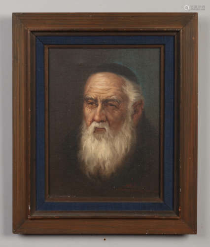 A late 20th century framed oil on canvas. Portrait of an elderly bearded Jewish man wearing a