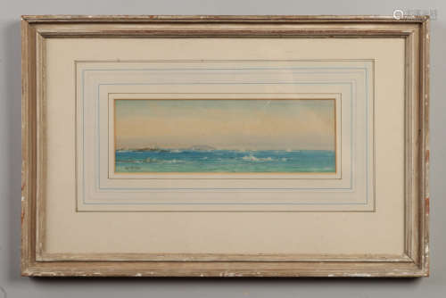 A mid 20th century framed coastal watercolour with a sailing vessel in the distance. Signed