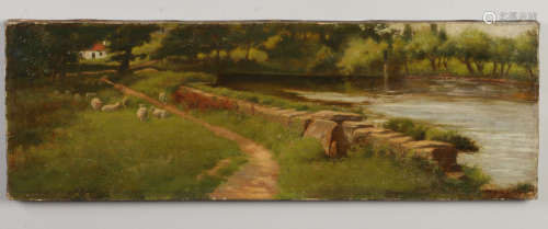 An early 20th century unframed oil on canvas. Rural scene with sheep next to a lake with a cottage