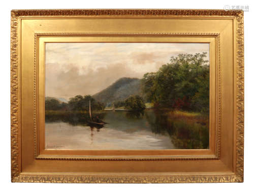 James Henry Crossland (1852-1939) gilt framed oil on canvas titled Morning on Windermere. Signed,