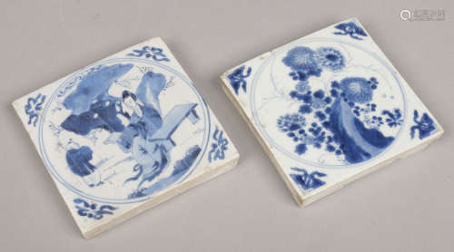 Two Japanese Meiji period blue and white porcelain tiles. One painted in underglaze blue with a
