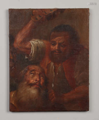 An early 19th century unframed oil on canvas. Biblical scene of one man beating another with a