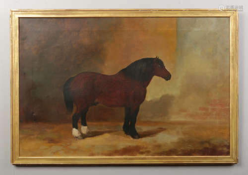 A 19th century equestrian oil painting on canvas in gilt mount. Stable interior with a bay