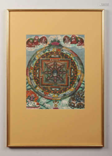 An Oriental Thangka in modern gilt frame. Painted on silk with a central roundel surrounded by