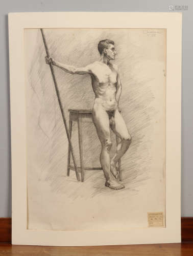 F. Jardine, four mounted pencil life drawings of the male form. Labels for the Glasgow School of Art