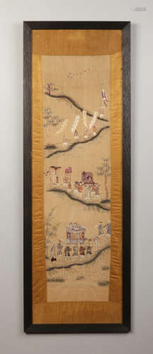 A Chinese framed silk embroidered panel. Depicting a procession of figures ascending a hill