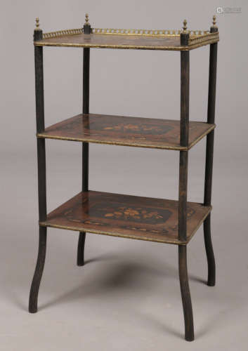 A Victorian marquetry three tier whatnot stand with gilt metal mounts, 79cm high.Condition report