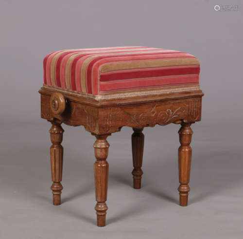 An Edwardian walnut patent piano stool by Brooks Ltd. With striped velvet overstuffed seat, rise and