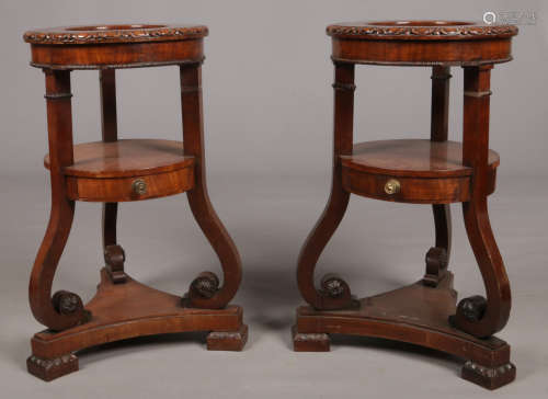 A pair of 19th century Irish mahogany jug and bowl stands. Carved with egg and dart mouldings,