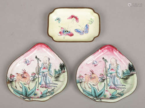 A pair of Cantonese famille rose enamel dishes of peach form decorated with a sage in a landscape