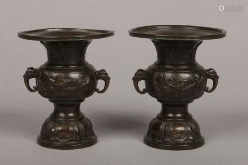 A pair of early 20th century Chinese bronze overlay Gu vases. With twin elephant mask handles and