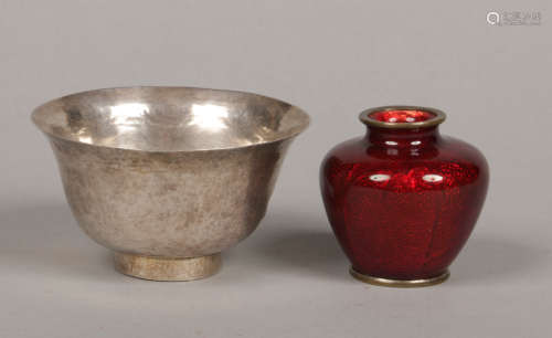 A Japanese Meiji period small ginbari cloisonne vase and a small planished silver plated bowl.