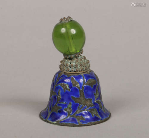 A green glass Mandarin hat finial later mounted to an enamelled bell, 9cm.Condition report