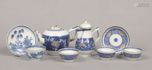 An 18th century Chinese export blue and white part teaset. With petal moulding, painted with peonies