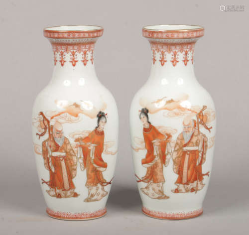 A pair of late 20th century Japanese Kutani vases painted with figures. Character inscriptions to