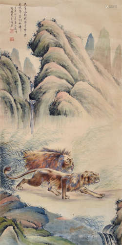 周祥麟 1947年作 双狮图 立轴 纸本
