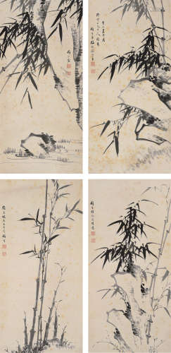 梅振灜 1883年作 竹石四屏 立轴 纸本