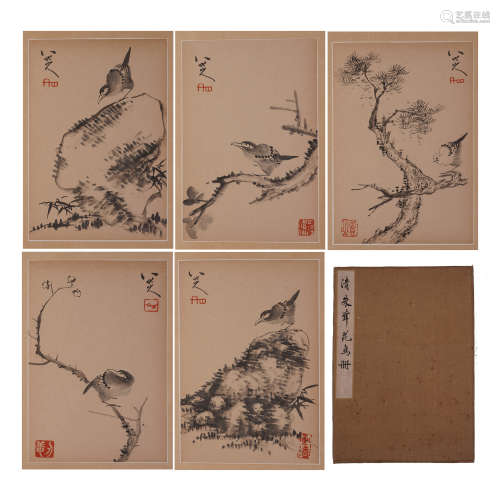 SIX PAGES OF CHINESE ALBUM PAINTING OF BIRD AND FLOWER