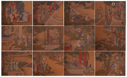 TWEELVE PAGES OF CHINESE ALBUM PAINTING OF BEAUTY IN GARDEN