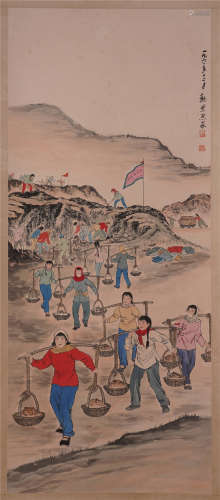 CHINESE SCROLL PAINTING OF GIRL WORKING