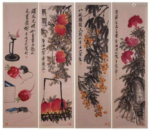 FOUR PANELS OF CHINESE SCROLL PAINTING OF FLOWER IN BASKET