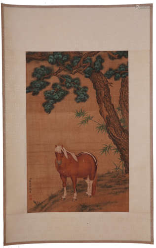 CHINESE SCROLL PAINTING OF HORSE UNDER TREE