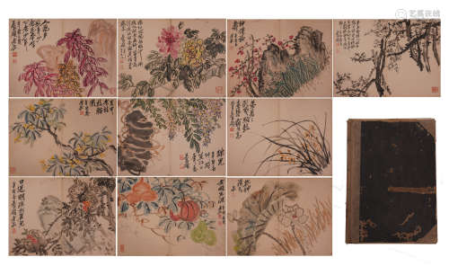 TEN PAGES OF CHINESE ALBUM PAINTING OF FLOWER WITH CALLIGRAPHY