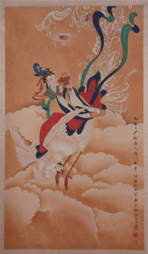 CHINESE SCROLL PAINTING OF BEAUTY ON PHOENIX