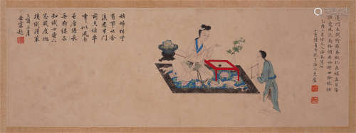 CHINESE HARIZONTAL SCROLL PAINTING OF BEAUTY AND BOY WITH CALLIGRAPHY