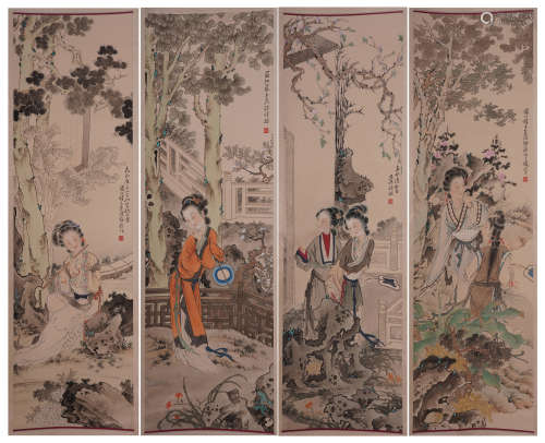 FOUR PANELS OF CHINESE SCROLL PAINTING OF BEAUTY IN GARDEN