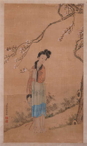 CHINESE SCROLL PAINTING OF BEAUTY UNDER TREE