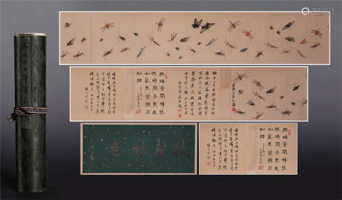 CHINESE HAND SCROLL PAINTING OF BUTTERFLY WITH CALLIGRAPHY