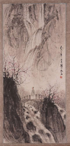CHINESE SCROLL PAINTING OF WATERFALL VIEWING