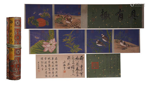 CHINESE HAND SCROLL PAINTING OF BIRD AND FLOWER WITH CALLIGRAPHY