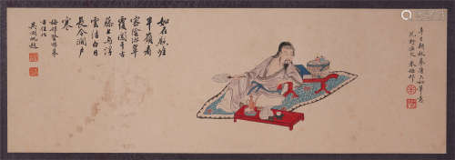 CHINESE SCROLL PAINTING OF SEATED MAN WITH CALLIGRAPHY