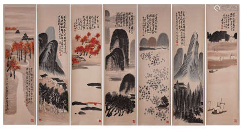 SEVEN PANES OF CHINESE SCROLL PAINTING OF MOUNTAIN VIEWS