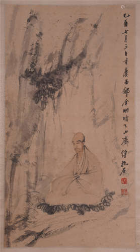 CHINESE SCROLL PAINTING OF LOHAN UNDER CLIFF