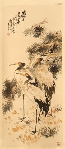CHINESE SCROLL PAINTING OF CRANE UNDER PINE