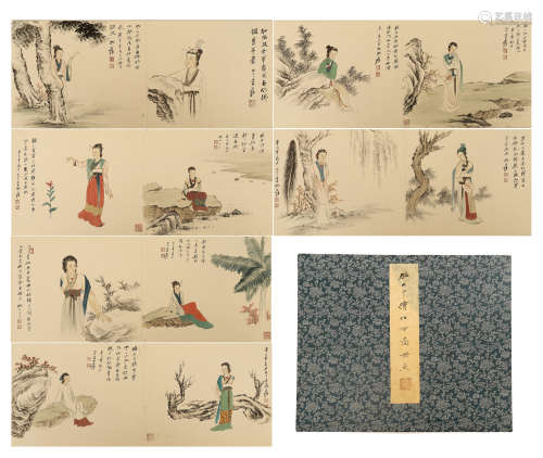 SIXTEEN PAGES OF CHINESE ALBUM PAINTING OF BEAUTY UNDER TREE WITH CALLIGRAPHY