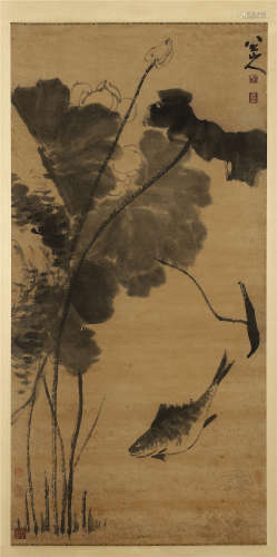 CHINESE SCROLL PAINTING OF FISH AND LOTUS
