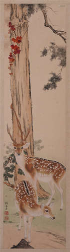 FOUR PANELS OF CHINESE SCROLL PAINTING OF ANIMALS UNDER TREE