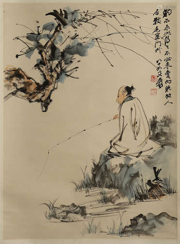 CHINESE SCROLL PAINTING OF MAN FISHING WITH PUBLICATION