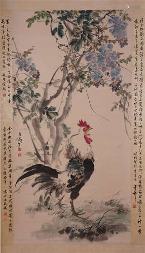 CHINESE SCROLL PAINTING OF ROOSTER AND FLOWER WITH CALLIGRAPHY